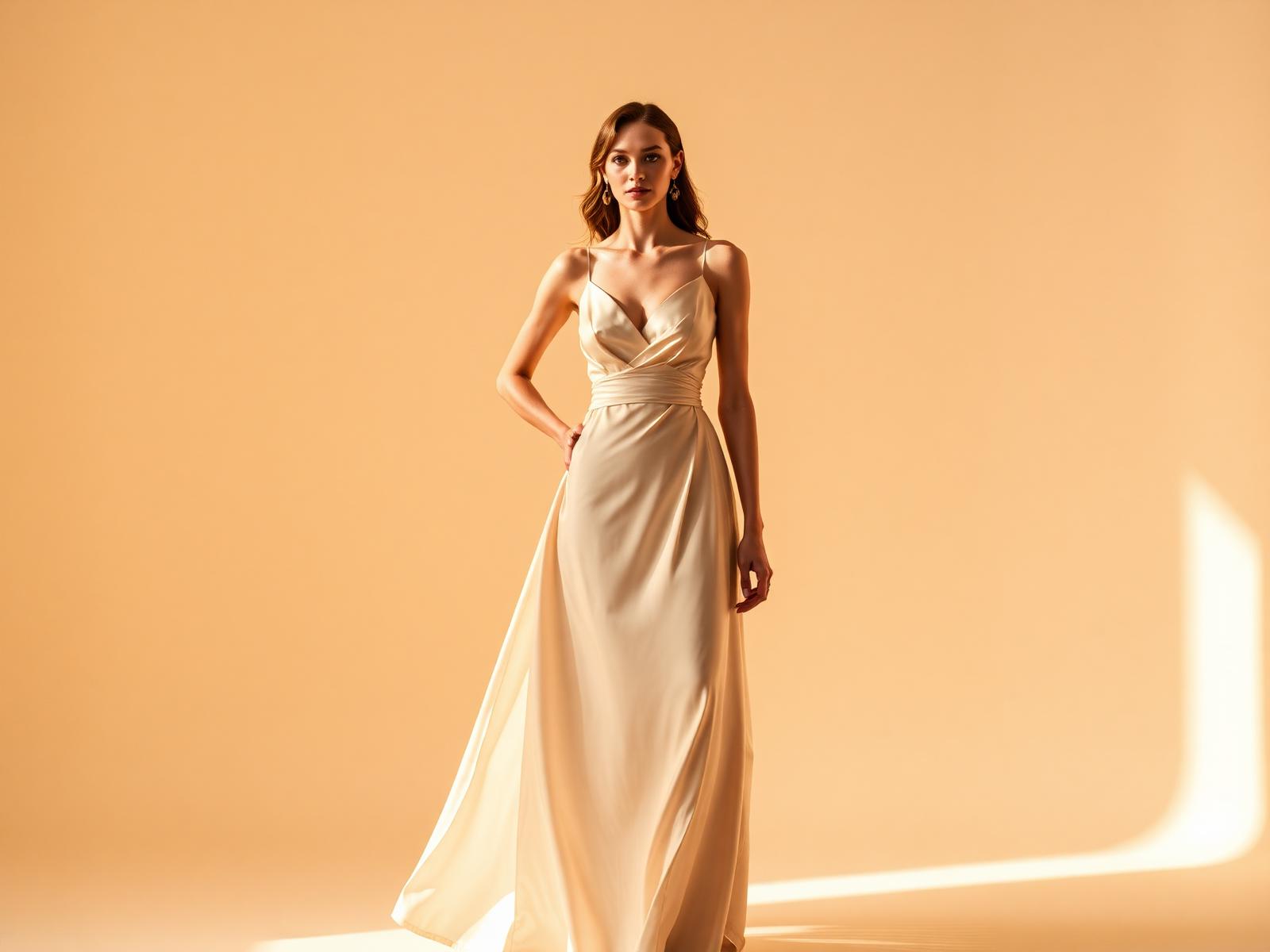 A stylist adjusting the hem of a silk gown