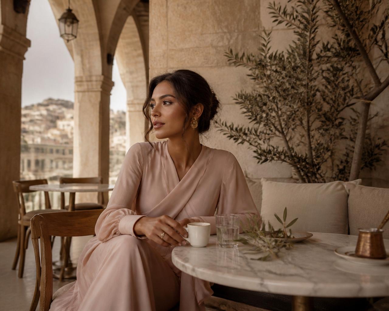Morning coffee — a woman in blush silk on a stone terrace